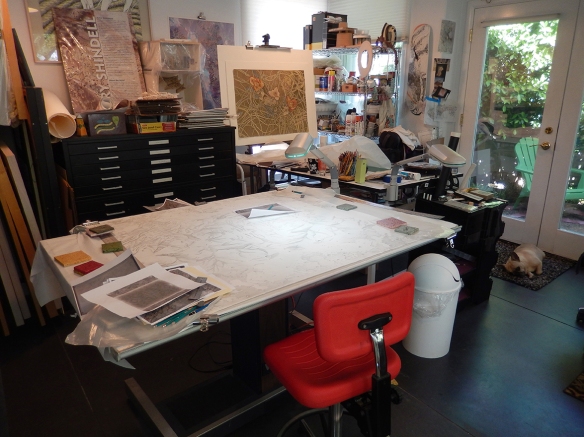 View of studio with in-progress Moon and Estrellas drawing on drawing table.